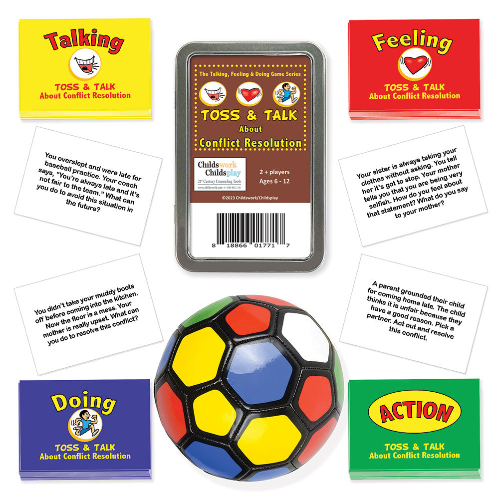 Le jeu de cartes Toss & Talk avec balle pour résoudre les conflits, parler, ressentir et agir